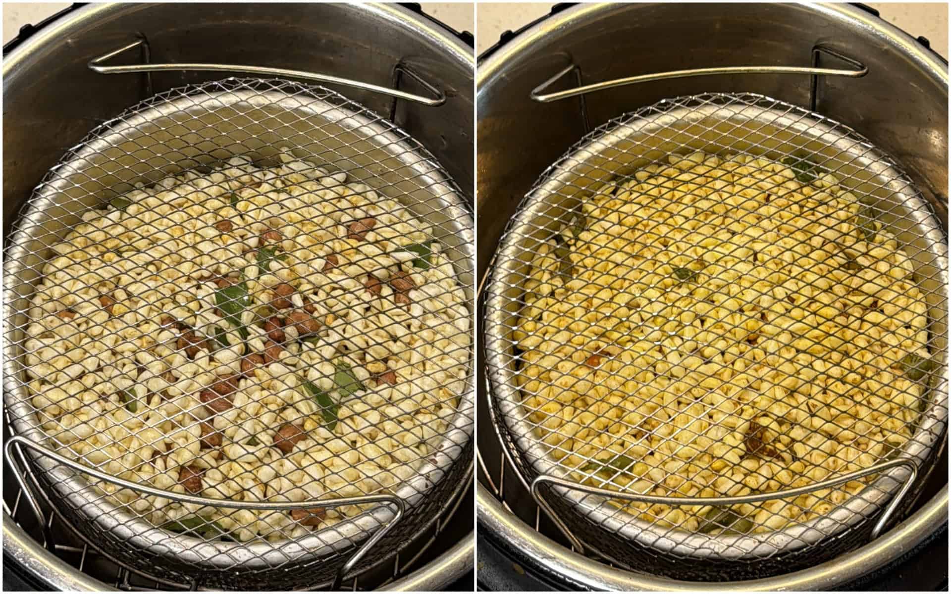 Puffed rice mixture covered with wire shield in air fryer for murmura chivda recipe