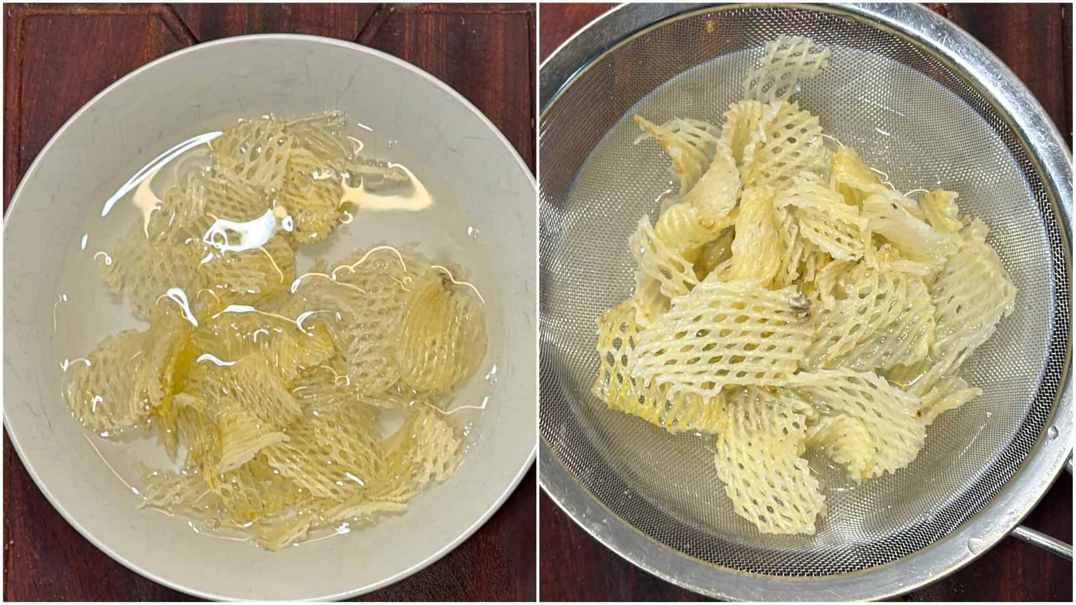 Raw potato chips soaked and drained before air frying for murmura chivda
