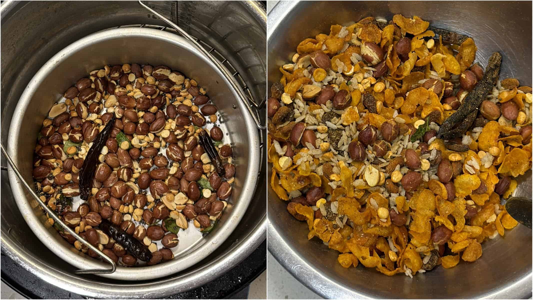 air fryer cornflakes chivda mixed with poha peanuts tempering and spices