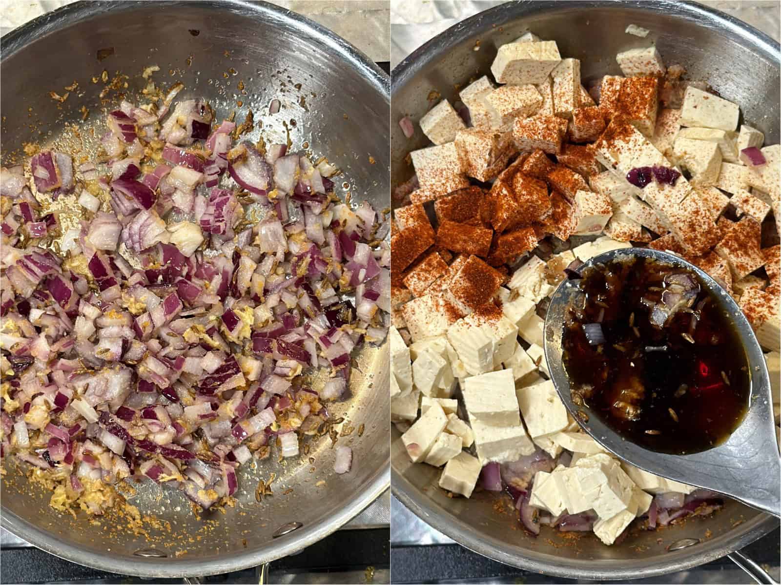 Onion and tofu filling being cooked for air fryer tofu puffs