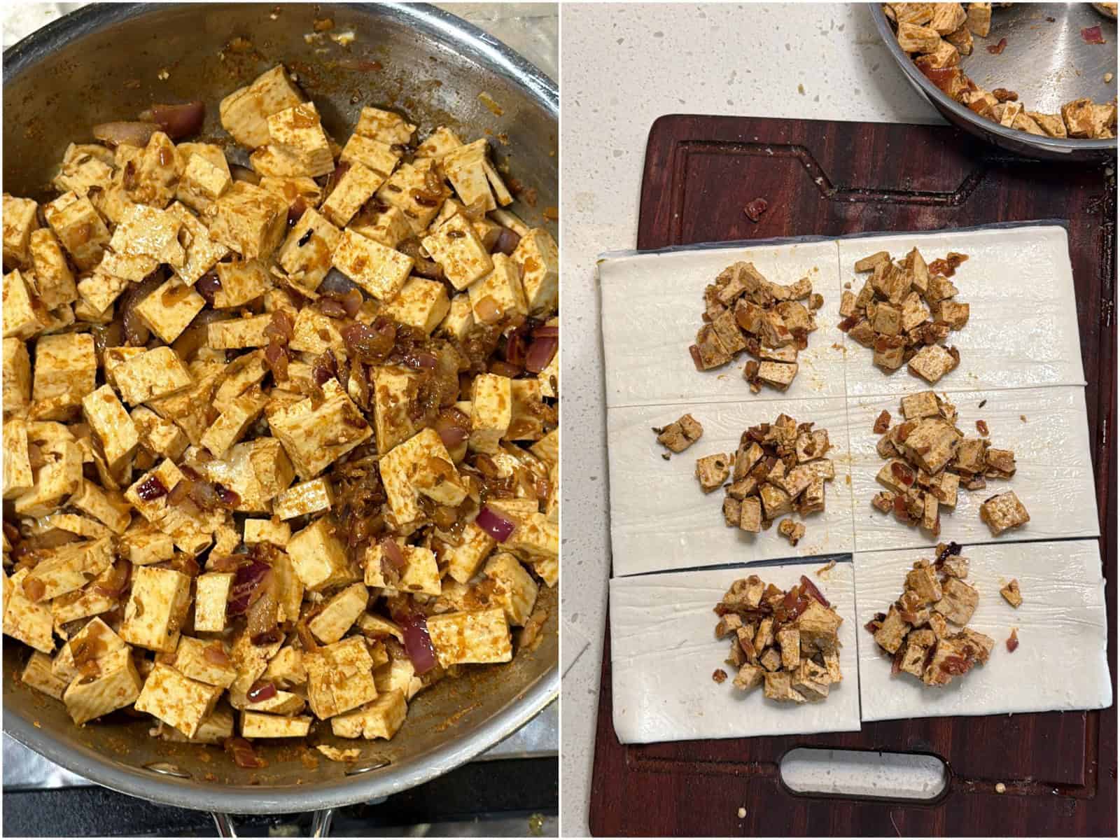 Tofu filling added to puff pastry sheets for air fryer tofu puffs