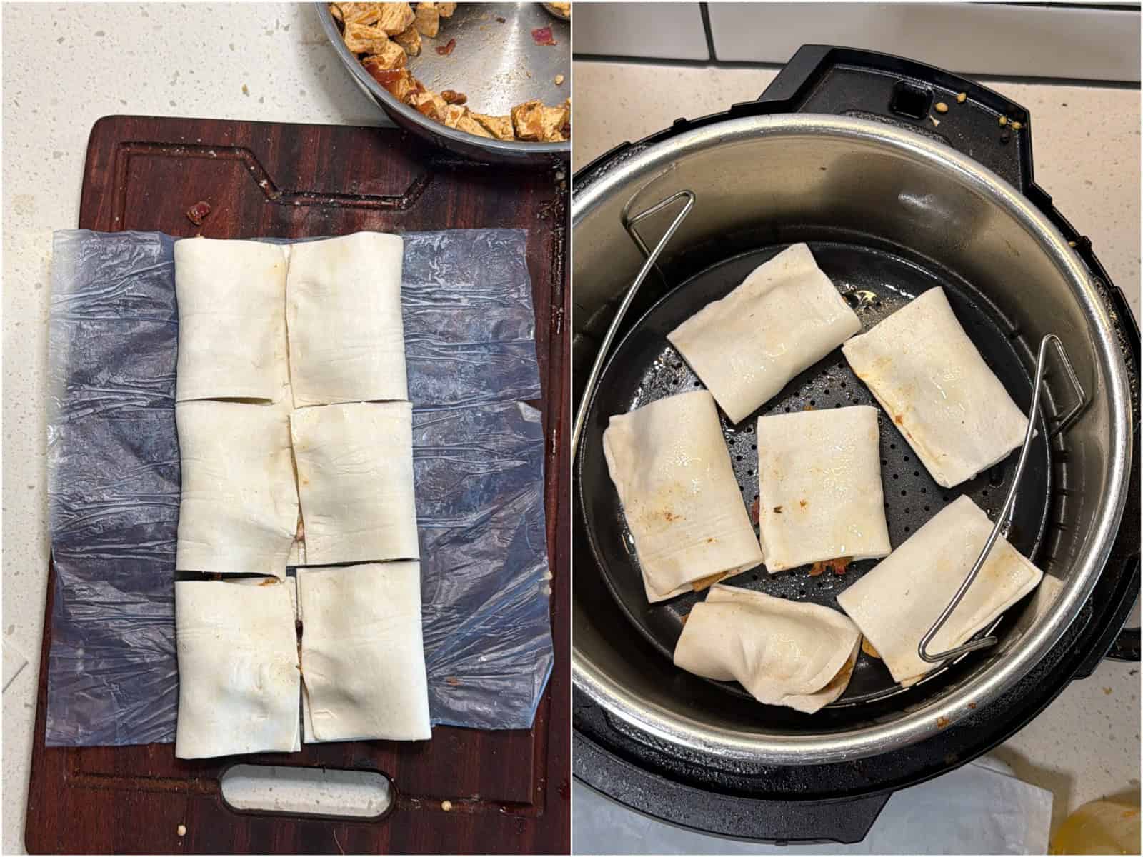 Tofu puffs sealed and placed in air fryer basket before cooking