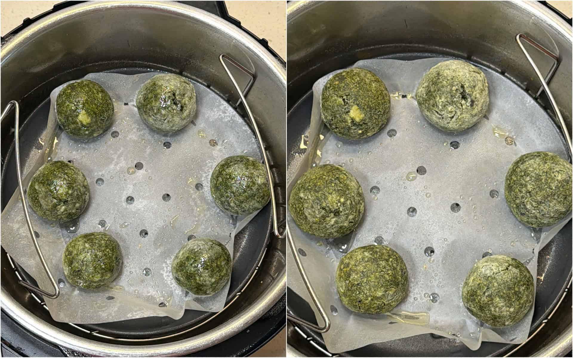 Air fryer palak paneer kofta balls before and after cooking