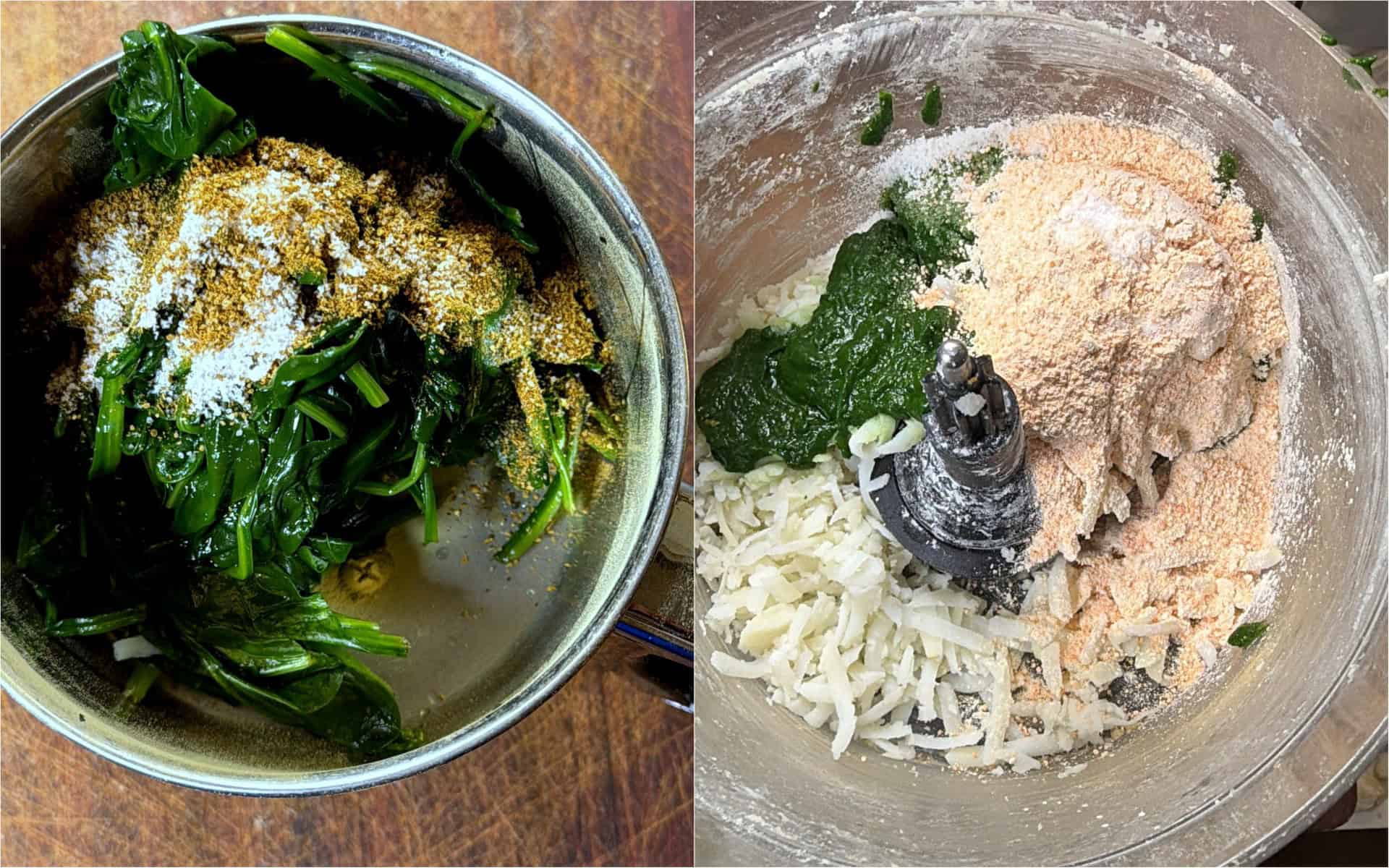Spinach puree mixed with potato and lentil flour for palak paneer kofta