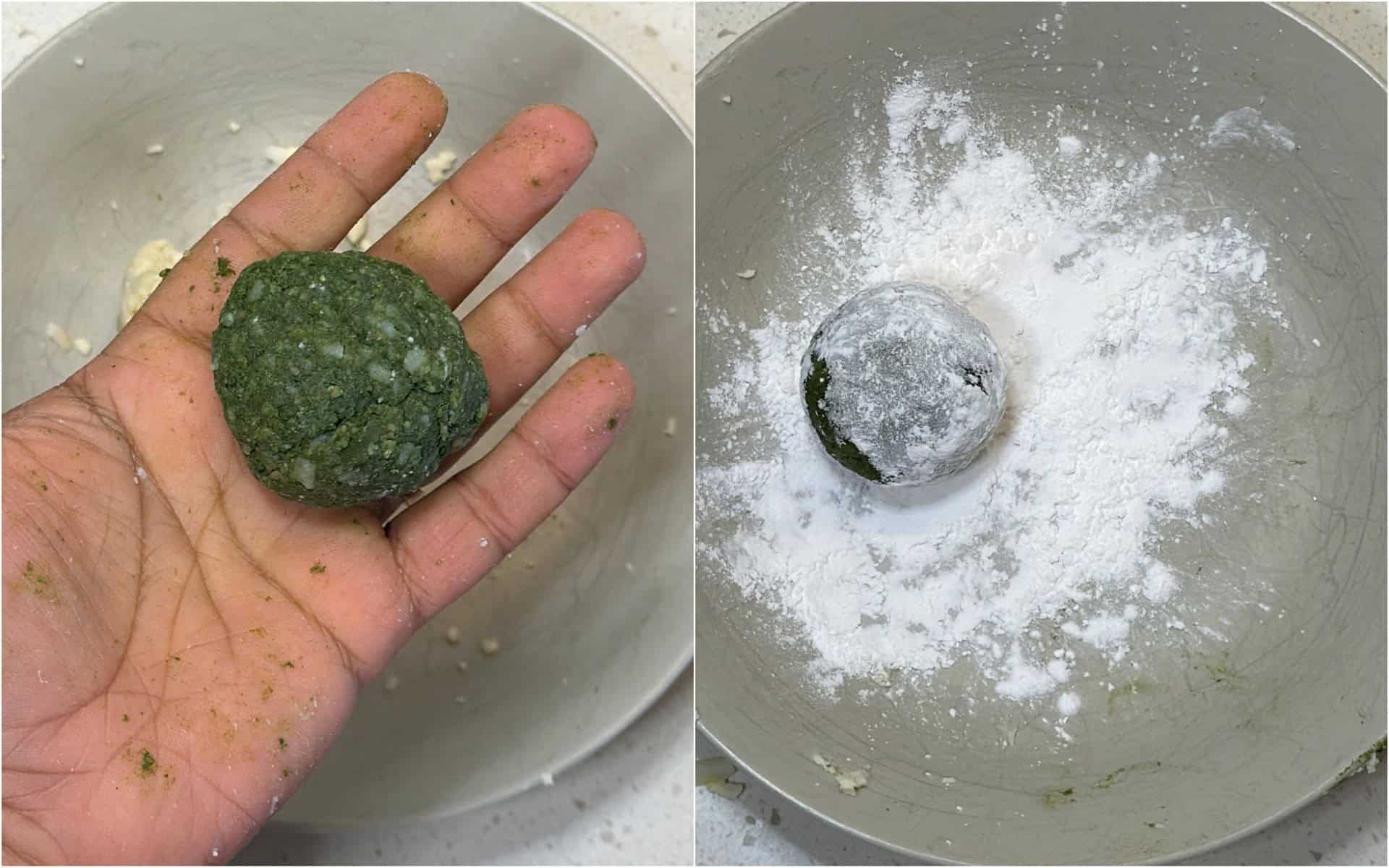 Paneer stuffed spinach kofta balls coated with cornflour before air frying