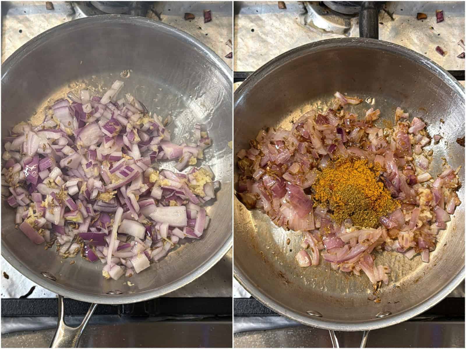 Onion ginger and spices cooking for vegan mince puff filling