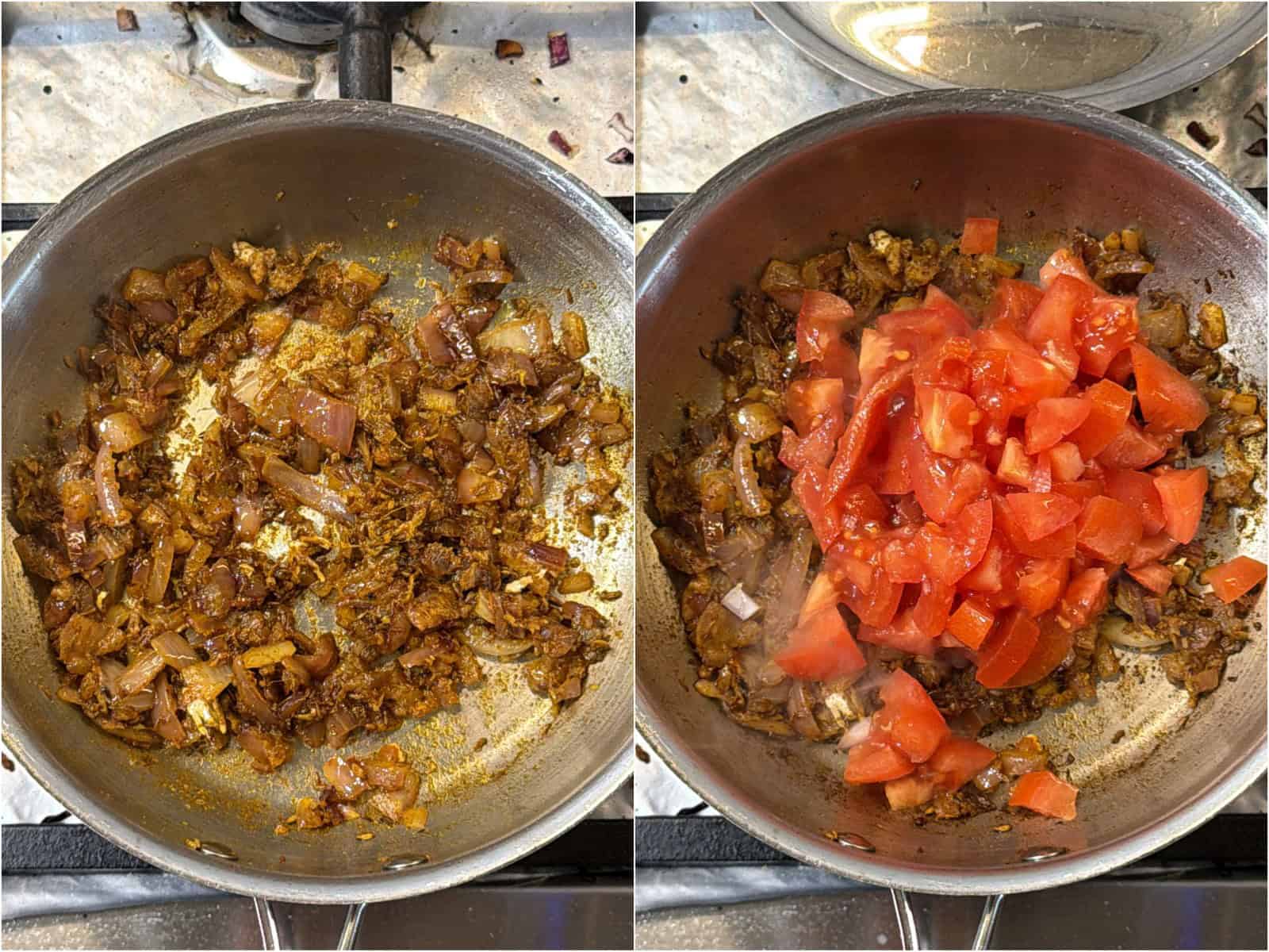 Chopped tomato added to spiced onion mixture for soya keema puffs