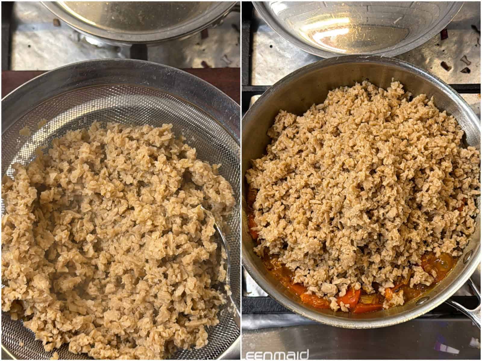 Soaked soya granules drained for vegan mince puff filling