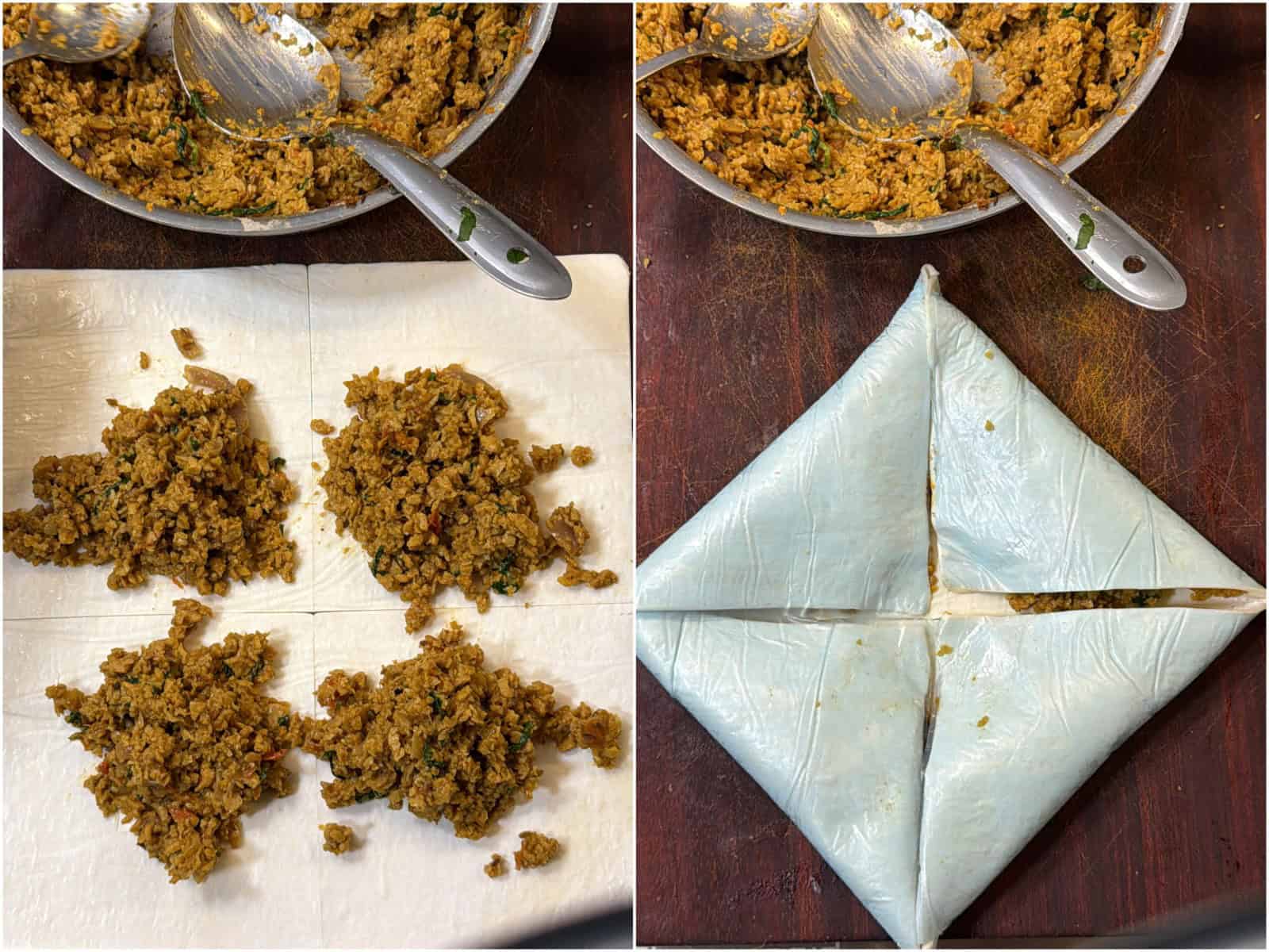 Soya keema filling added to puff pastry and folded into vegan mince puffs