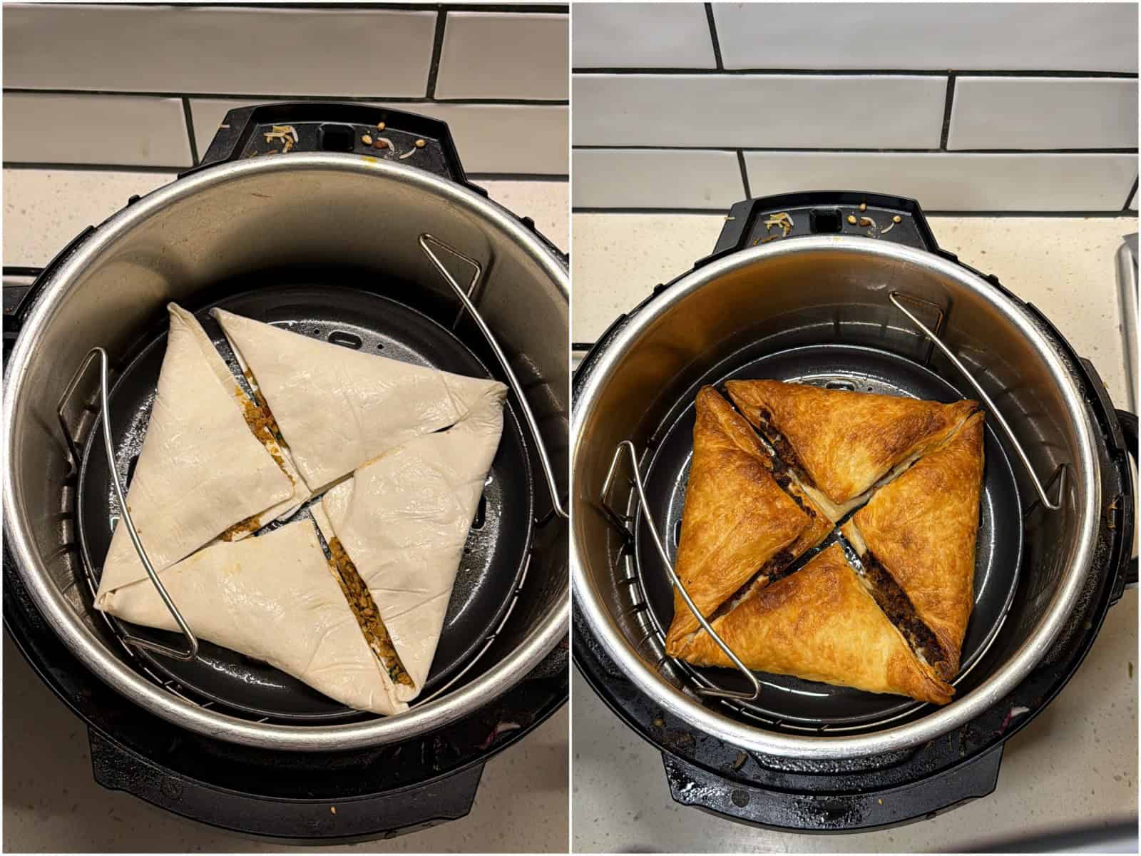 Frozen vegan mince puffs before and after cooking in the air fryer