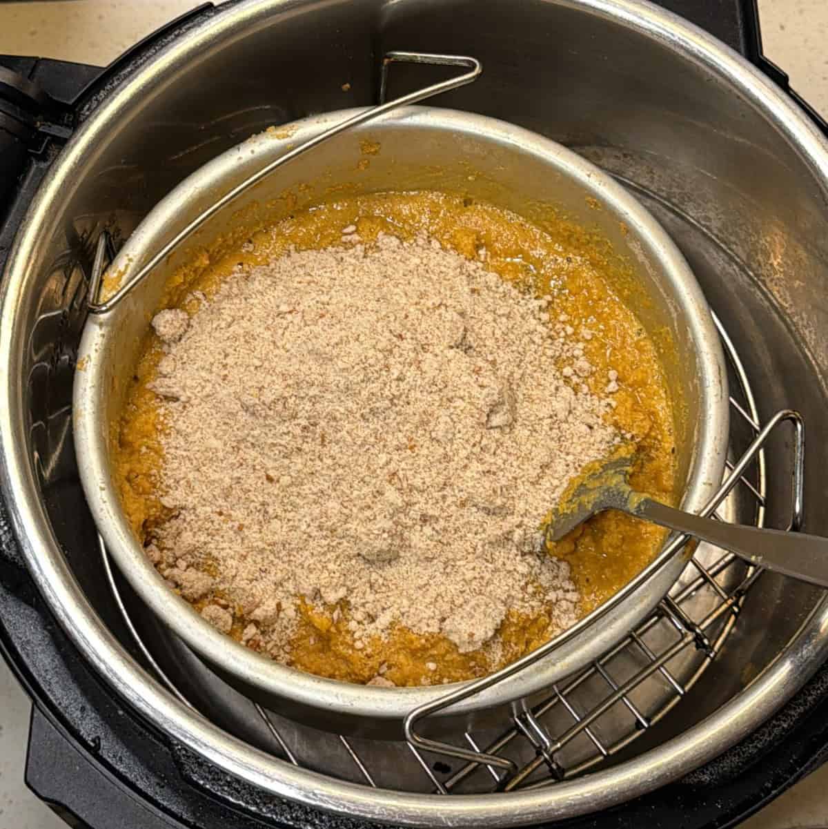Almond flour added to roasted besan mixture for air fryer ladoo