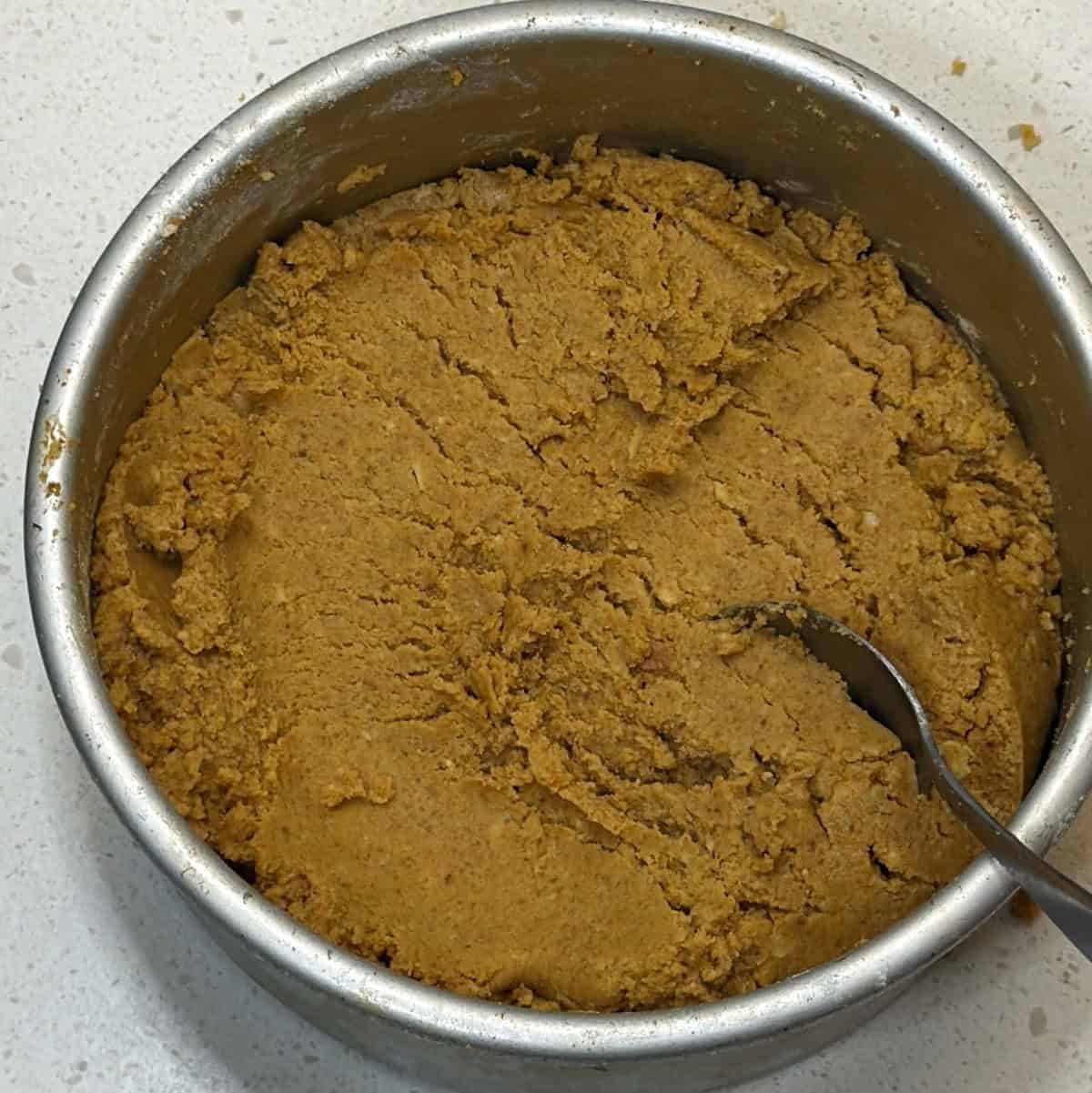 Air fryer besan ladoo mixture ready for shaping into balls