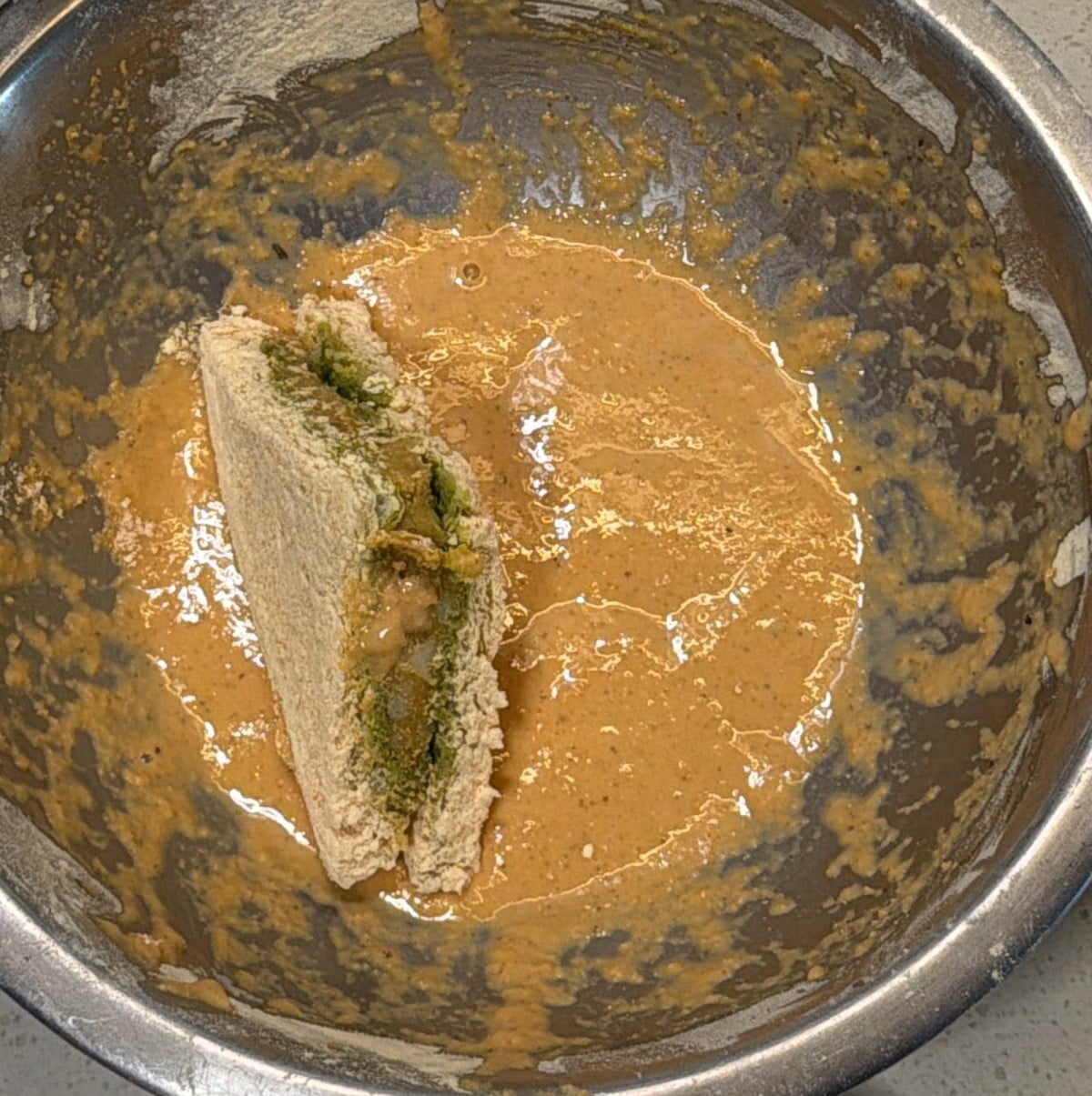 bread pakora dipped in besan and red lentil flour batter