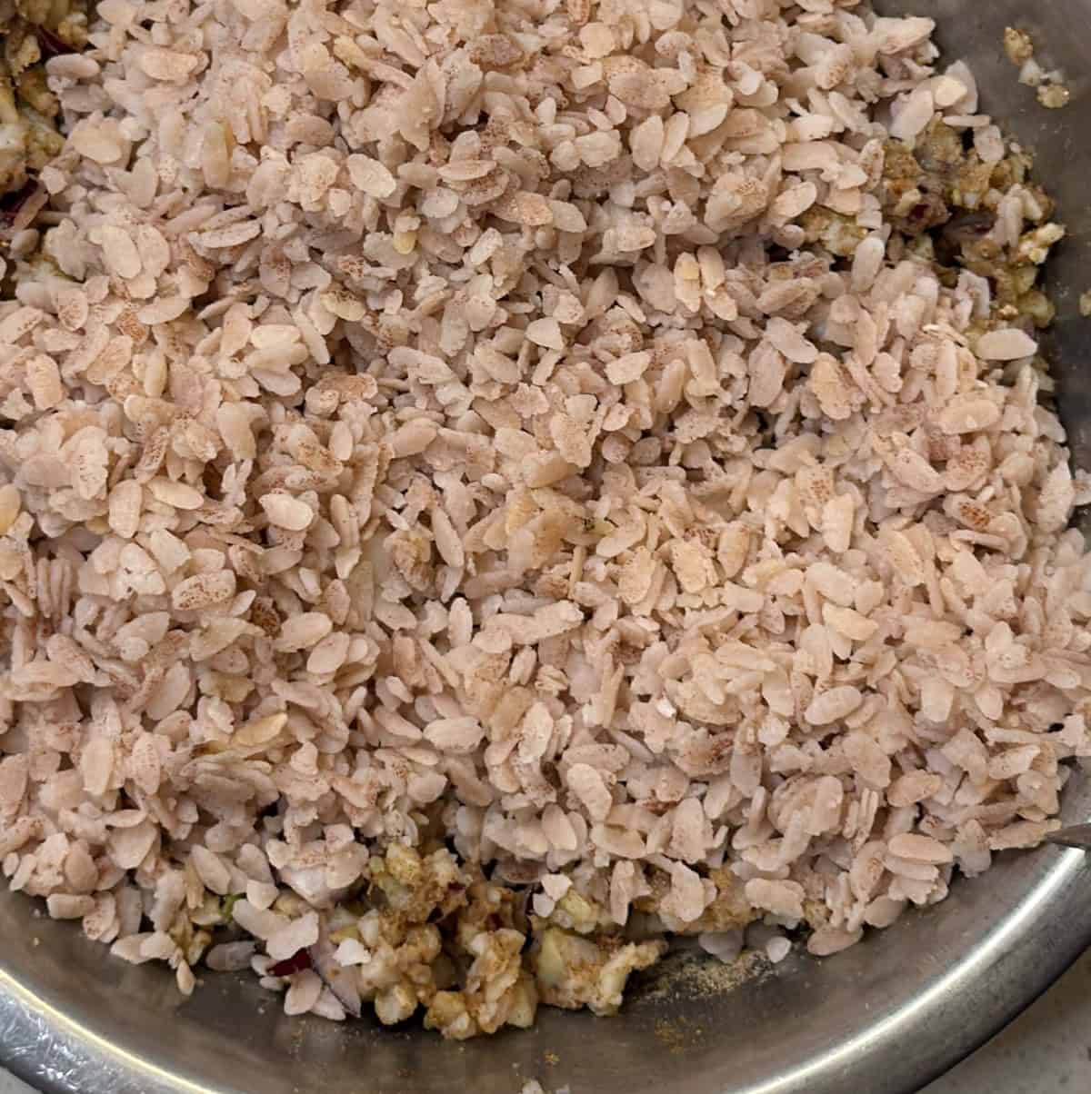 Soaked poha added to potato mixture for poha cutlet in air fryer