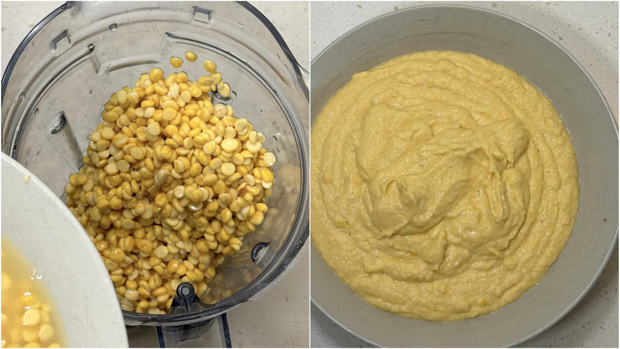 Soaked chana dal being ground with water for air fryer mohanthal