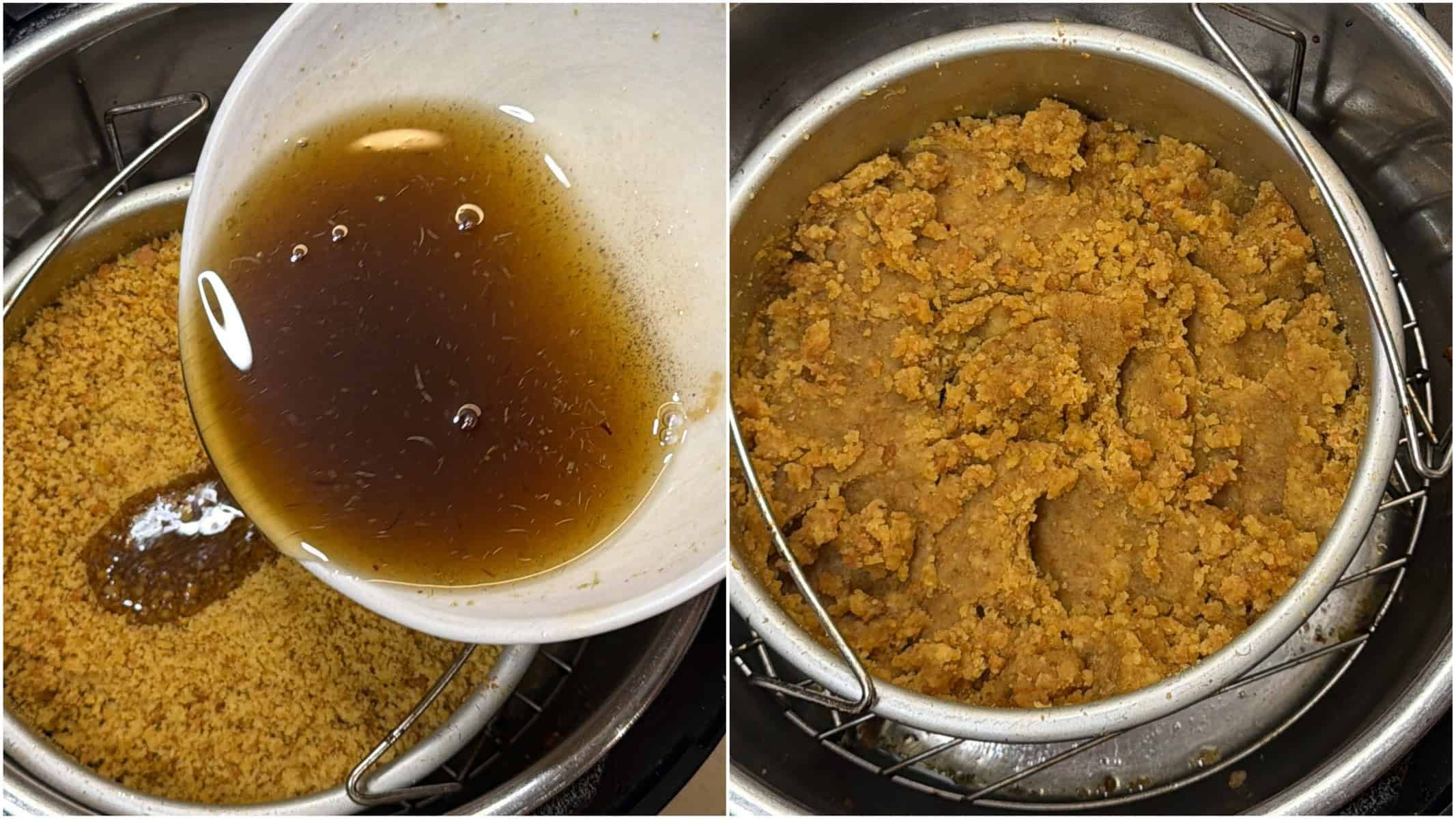 Sugar syrup added to roasted chana dal mixture for air fryer mohanthal