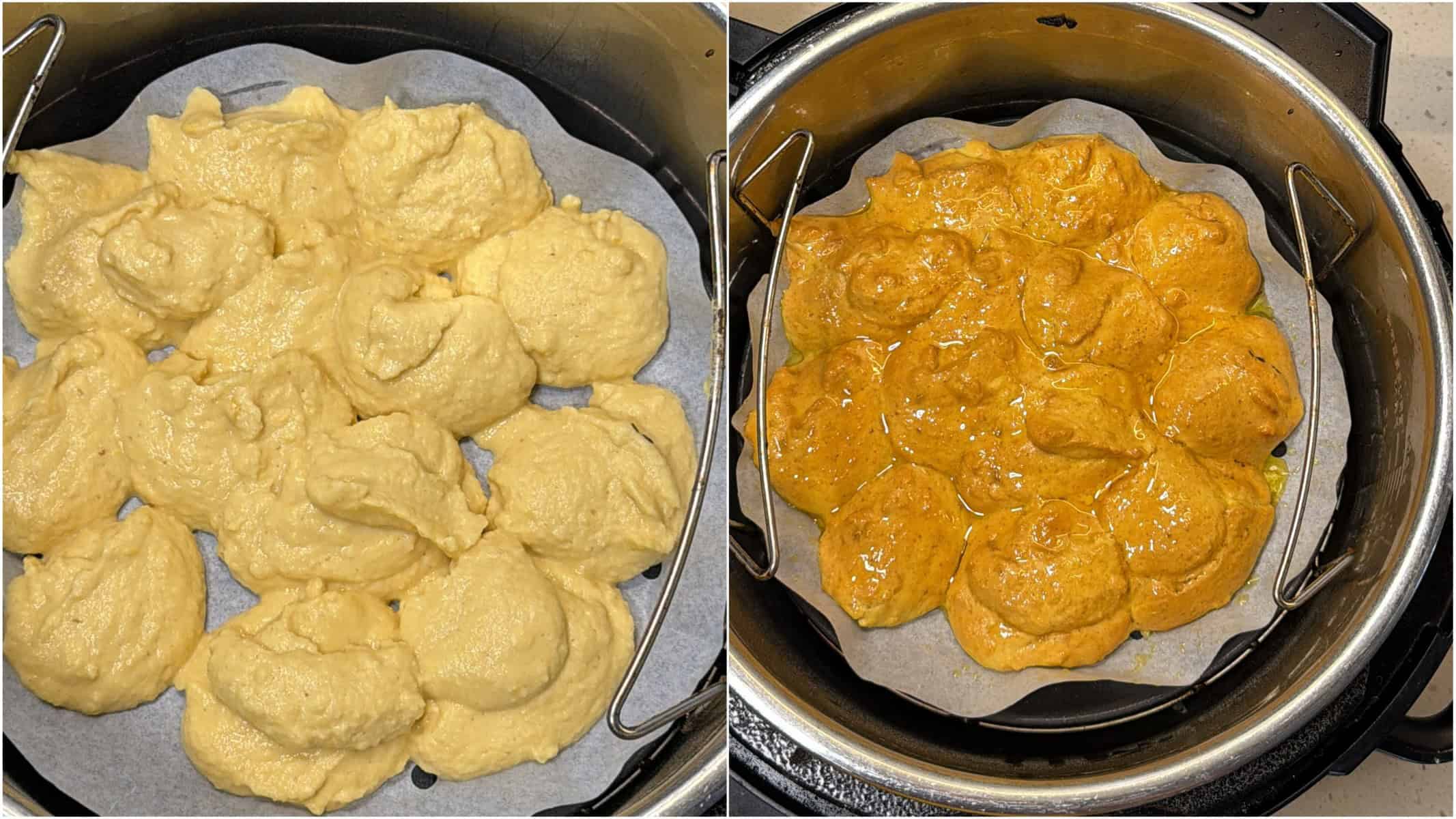 Chana dal batter before and during cooking for air fryer mohanthal