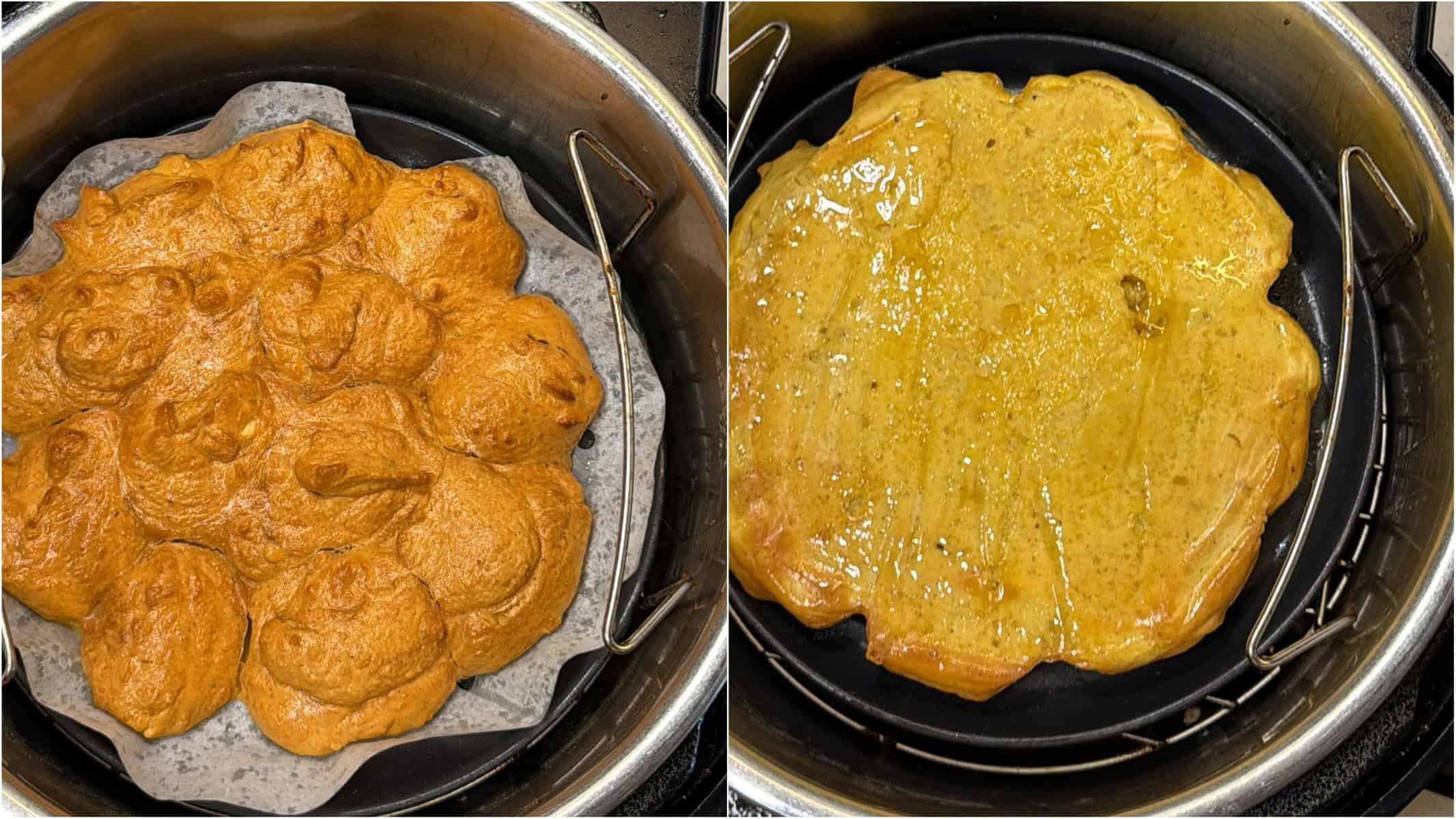 Chana dal mixture brushed with ghee and flipped while making air fryer mohanthal