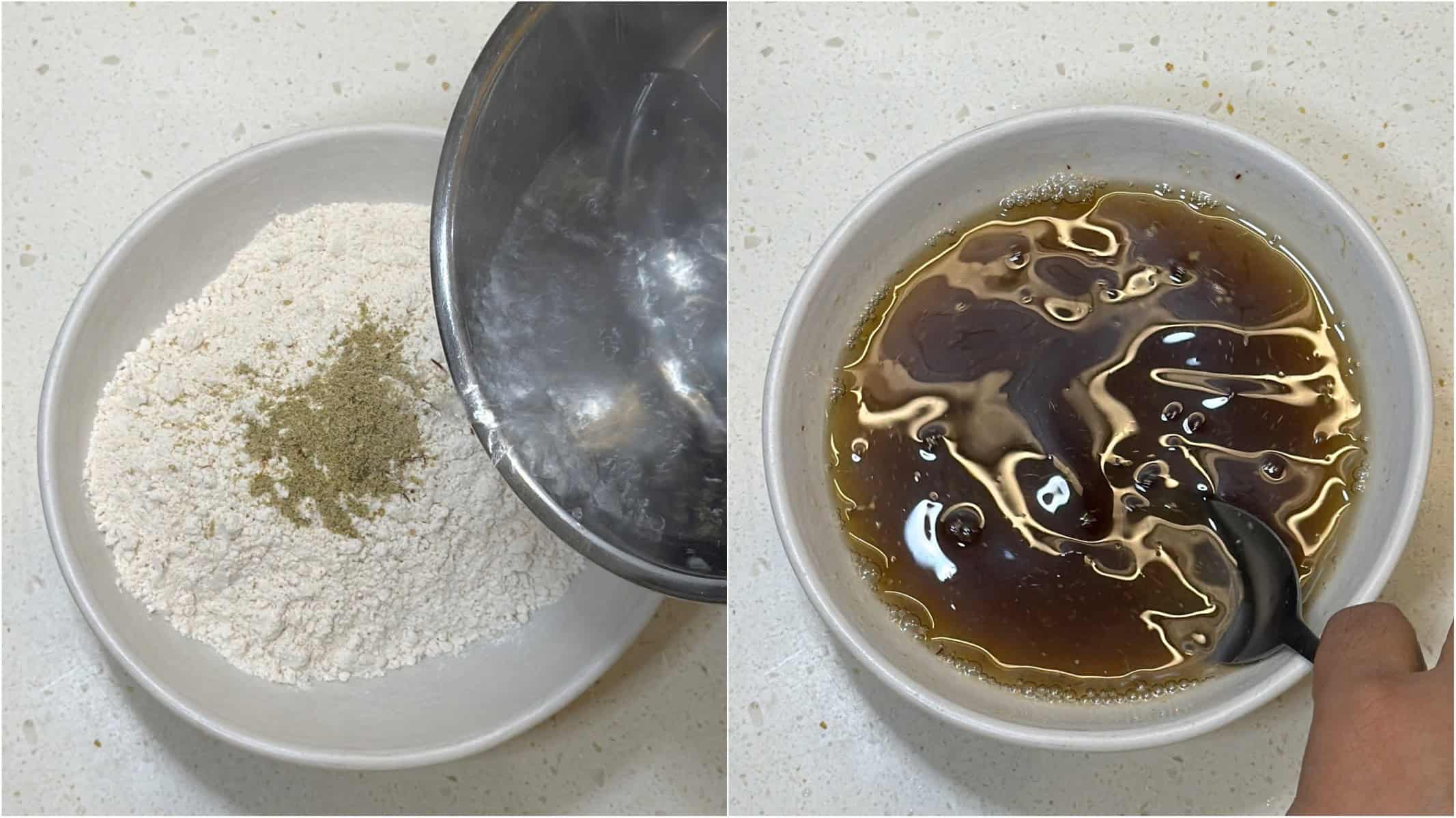 Powdered sugar cardamom and hot water mixed for air fryer mohanthal
