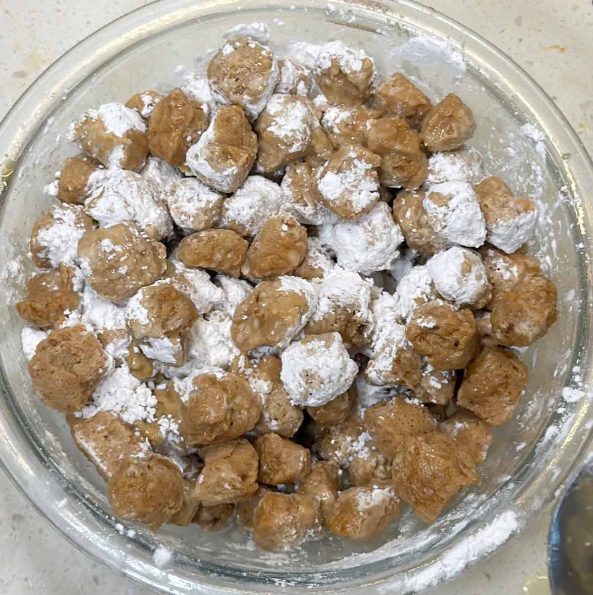 Marinated soy chunks coated with cornflour for vegan popcorn chicken