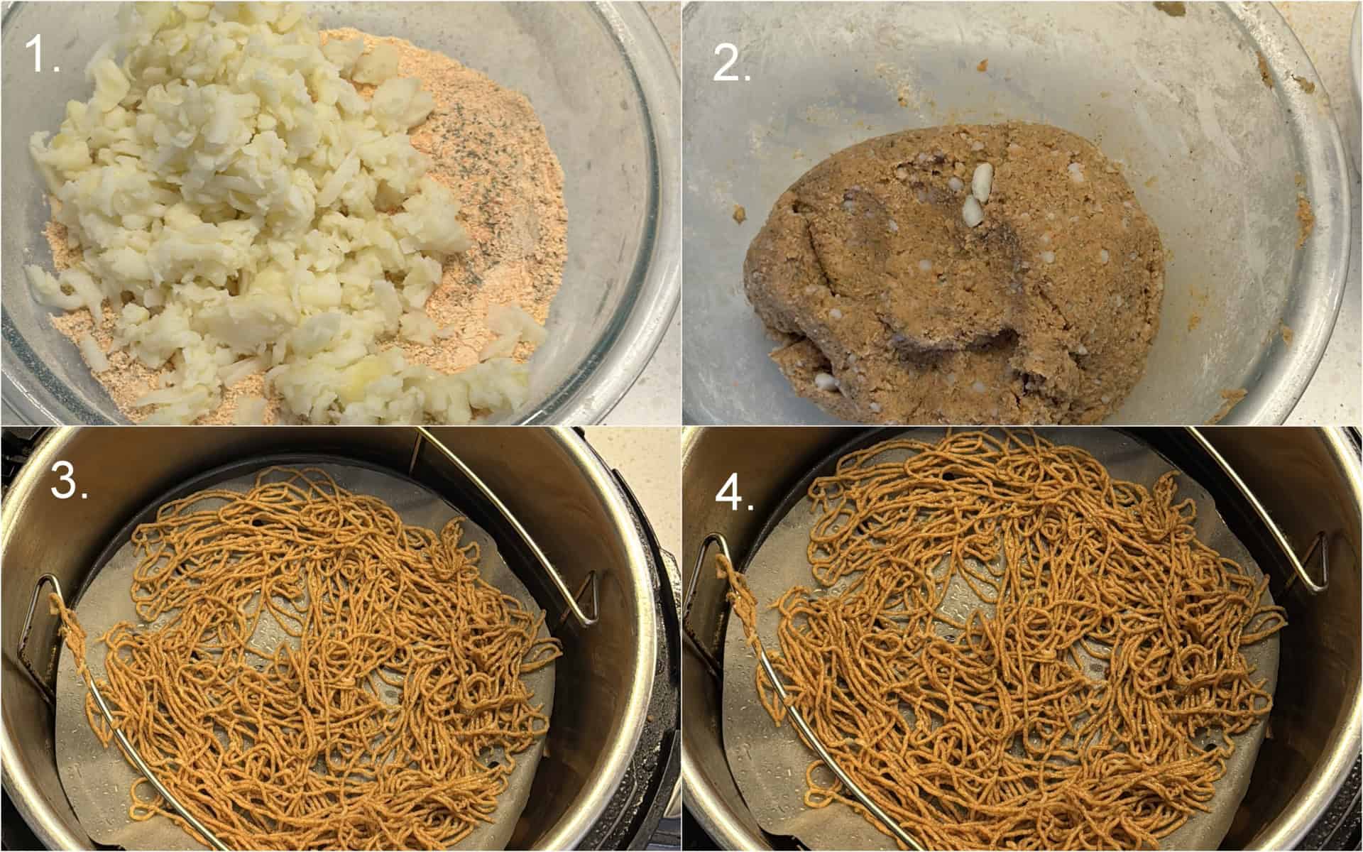 Four photos showing the original air fryer aloo bhujia method from mixing potato dough to crisp cooked sev