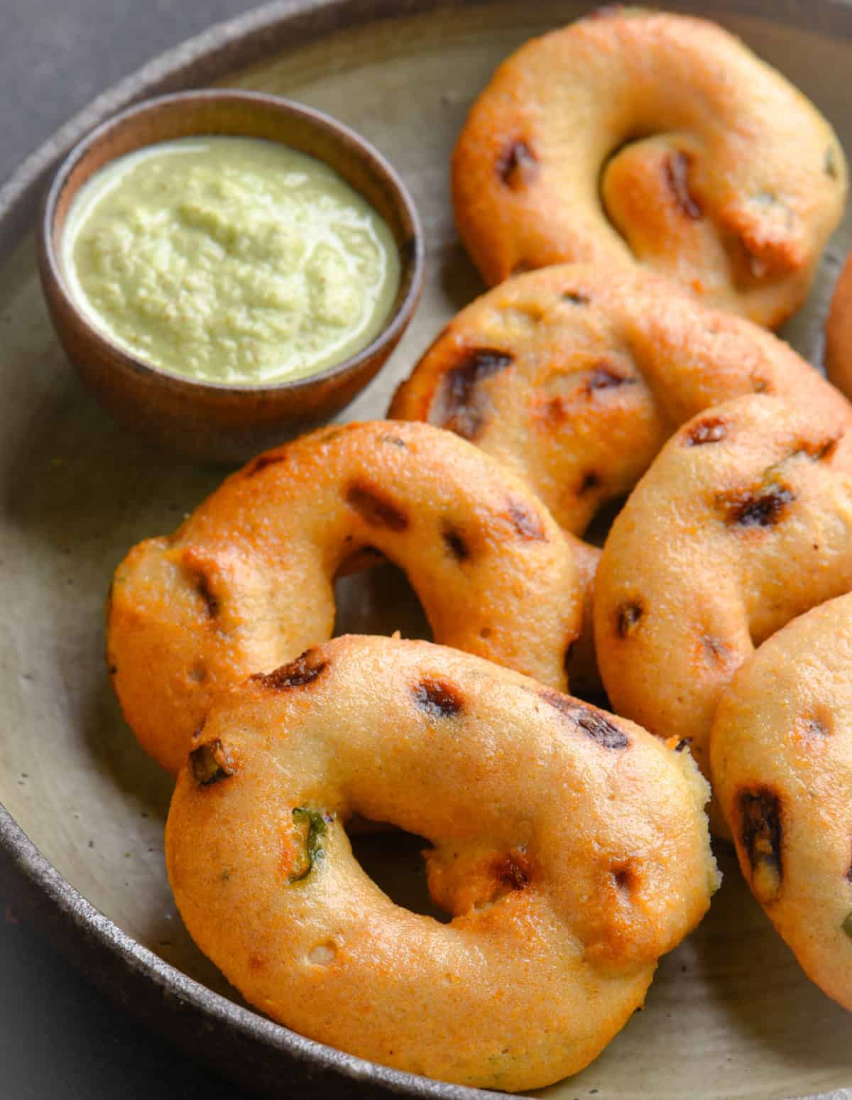 Golden brown medu vadas made from instant mix in the air fryer