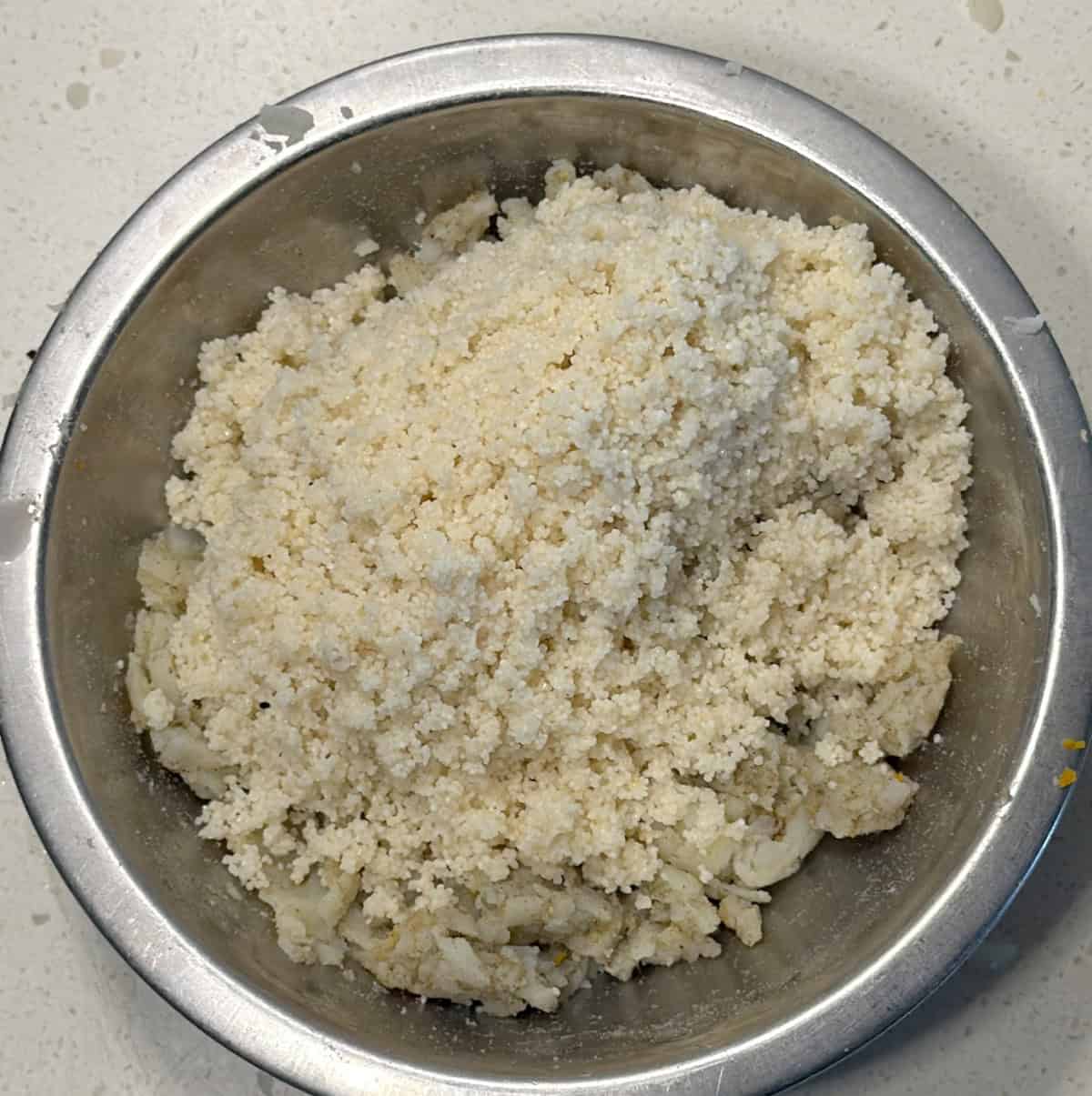 Drained samak rice added to grated potato for cutlets