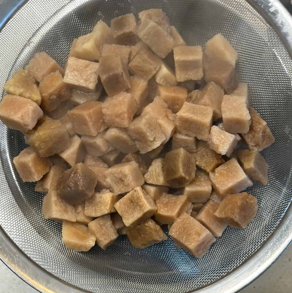 Soaked elephant yam drained for air fryer yam cutlets