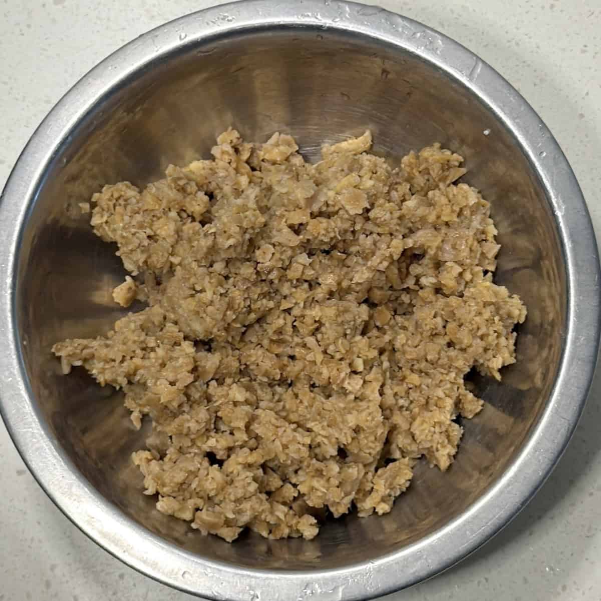 Elephant yam processed in a food processor for suran tikki